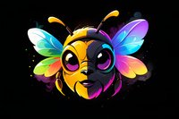Colorful cartoon bee character with rainbow wings and split black-yellow design on dark background. Bright neon colors and magical sparkle effects create mystical mood.