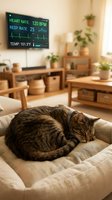 Tabby cat sleeping on a cozy pet bed wearing a smart health collar, with vital signs displayed on a TV screen in a warm living room.