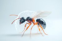 Detailed macro photography of winged ant with translucent wings and orange legs against light background, showing intricate insect anatomy and natural patterns.