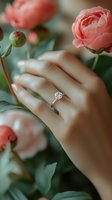 Closeup of woman's hand wearing diamond engagement ring surrounded by blooming coral peonies and green foliage, perfect for wedding, jewelry, and romantic lifestyle content.