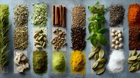 Colorful array of culinary herbs and spices arranged in neat rows on blue background, showcasing diverse textures and vibrant colors for cooking inspiration.