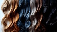 Wavy hair strands in different colors from blonde to blue, brown and black arranged in parallel showing various hair dye and styling techniques for salon and beauty industry.