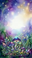 Magical forest mushrooms with glowing stars and ethereal watercolor galaxy background, surrounded by enchanted foliage and luminous particles for fantasy and mystical design projects.