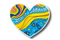 Decorative heart shape with wavy pattern in vibrant blue and yellow colors, featuring abstract geometric elements and small hearts on white background, isolated sticker design.