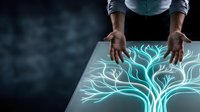 Male hands with medium skin tone interacting with glowing neural network tree visualization on digital screen, representing artificial intelligence, data science, and technology innovation for business and research applications.