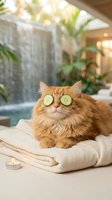 Orange tabby cat with cucumber slices on eyes relaxing at luxury spa with towels and candles for wellness and self-care concept.