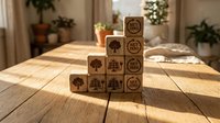 Wooden blocks with net zero icons stacked on a sunlit table, symbolizing sustainability, carbon neutrality, and green energy commitment.