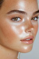Close-up portrait showing natural glowing skin with freckles, highlighted cheekbones, groomed eyebrows, and glossy nude lips against light background.