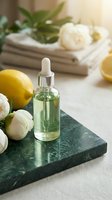 Citrus and floral essential oil serum in glass dropper bottle on marble surface with fresh lemons, white roses, and spa accessories for skincare and wellness.