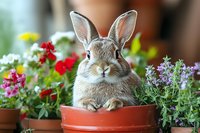 Adorable gray rabbit sitting in terracotta flower pot surrounded by colorful garden flowers including red, yellow and purple blooms against soft blurred background.
