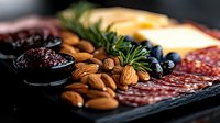 Gourmet charcuterie board with cured meats, almonds, dried cranberries, blueberries and fresh rosemary garnish on dark slate platter, macro food photography.