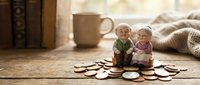 Elderly couple figurines sitting on scattered coins with coffee mug and blanket in warm home setting representing retirement savings and financial planning.