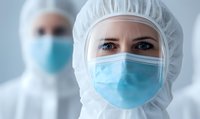 Medical professional wearing protective equipment including surgical mask and white protective suit, focused on intense blue eyes during pandemic response.