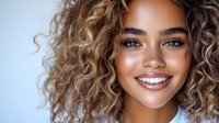 Young mixed race woman with curly blonde hair and bright white smile against blue background, radiating joy and confidence. For beauty and dental advertising.