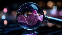 Glowing pink glitter powder viewed through magnifying glass against dark background with bokeh lights creates magical macro photography effect.
