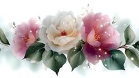 Delicate watercolor roses in pink and cream tones with green leaves and sparkle effects on white background, seamless floral border pattern for decorative design.