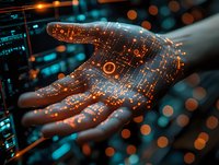 Open palm with glowing digital pattern overlay against dark background with blue technology elements and bokeh lights, representing artificial intelligence and future technology.
