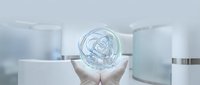 Hands presenting holographic globe with network connections in modern office environment for business technology and global communication concepts.