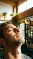 Caucasian middle-aged man with stubble meditating in sunlit gym, eyes closed, calm expression, warm natural light streaming through windows.