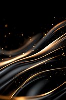 Elegant flowing curves in black and gold with sparkling particles create luxurious abstract background. Smooth waves and light effects add dynamic movement.