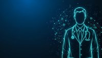Digital businessman silhouette with glowing cyan network connections on dark blue background for technology and business presentations.
