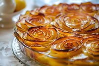 Golden apple rose tart with caramelized fruit arranged in decorative spiral pattern on glass plate, homemade pastry dessert for bakery menu design.