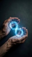 Elderly hands protecting glowing blue infinity symbol representing eternal protection, endless possibilities, and sustainable future concepts.