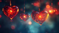 Glowing red heart ornaments hanging on chains with warm bokeh lights creating romantic atmosphere for Valentine's Day celebrations and love themes.