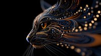 Ornate cat profile with intricate swirling patterns in dark blue and gold tones, mystical feline art with glowing particles and decorative flourishes against black background.