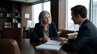 Professional mature businesswoman and businessman having serious discussion in modern corporate office meeting room with city view windows.