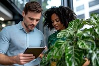 Diverse business colleagues reviewing digital tablet data while standing near office plants, showcasing workplace collaboration and teamwork.