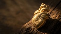 Golden anatomical heart model on rustic wooden surface with dramatic lighting for medical education and healthcare concepts.