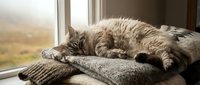 Fluffy tabby cat sleeping on knitted sweater by window with countryside view, cozy home relaxation scene.