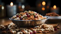 Mixed nuts and dried cranberries in metal bowl on wooden table with warm candlelight bokeh background, healthy snack composition for festive gatherings.