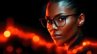 Young African American businesswoman wearing glasses in dramatic red lighting with bokeh background, professional portrait showcasing confidence and modern style.