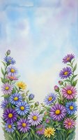 Watercolor floral border with purple blue asters and daisies on soft pastel background for greeting cards invitations and spring designs.