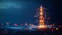 Glowing transmission tower with electric sparks against dark night sky, illuminated by orange lights and bokeh effects creating magical atmosphere.