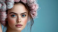 Young woman with pastel pink and blue curly hair, bright blue eyes and natural makeup against turquoise background. Fashion portrait with soft lighting and dreamy atmosphere.