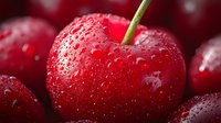 Fresh ripe red cherry with water drops close-up macro photography on dark background. Natural organic summer fruit with vibrant color and juicy texture.