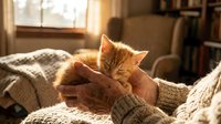 Ginger kitten held in hands wrapped in cozy knit sweater by warm window light, conveying comfort, warmth and pet care for lifestyle and animal content.