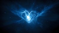 Glowing blue heart shape formed by ethereal light streams and energy waves against dark starry space background, mystical cosmic love concept.