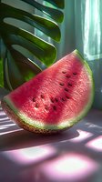 Fresh watermelon slice with monstera leaf in soft window light casting shadows, juicy red flesh and black seeds against tropical green background.