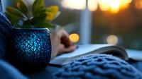 Cozy evening reading scene with decorative blue lantern and open book against sunset window, creating peaceful atmosphere with soft bokeh lights.