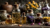 Vintage glass bottles with dried herbs, flowers, and essential oils on rustic wooden table, creating natural apothecary atmosphere for wellness and aromatherapy.