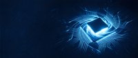 Futuristic microprocessor chip with glowing blue circuit patterns and electronic connections on dark technology background for digital innovation concepts.