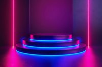 Futuristic circular podium with glowing blue and pink neon lights against purple backdrop, creating vibrant cyberpunk atmosphere for product display.