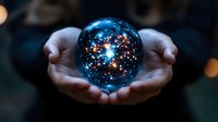 Glowing crystal ball with galaxy and stars held in cupped hands against dark background, creating magical cosmic atmosphere for spiritual and fortune telling concepts.
