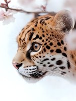 Close up profile of leopard head with amber eye against soft pink cherry blossoms, showing detailed spots and whiskers in artistic nature composition.