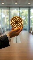 Businessman hand holding glowing circular arrow recycling symbol in modern conference room representing sustainability and environmental responsibility.