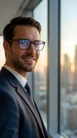 Professional businessman with glasses smiling confidently in modern office with city skyline view during golden hour for corporate marketing materials.